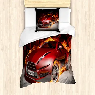 ABAKUHAUS Autos Mantele, Burnout Reifen Sport Auto, Milbensicher Allergiker geeignet mit Kissenbezügen, 135 cm x 200 cm - 80 x 80 cm, Rot Schwarz Orange