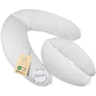Baby's Stillkissen Seitenschläferkissen Musselin - Lagerungskissen Baby | OekoTex zertifiziertes Stillkissen mit Bezug - 190cm großes Schwangerschaftskissen für Baby & Erwachsene - 100% Bio-Baumwolle