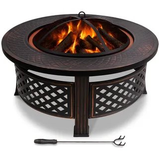 VOUNOT® Feuerschale Ø 81 cm mit Funkenschutz und Schürhaken Metall Feuerkorb Feuerstelle für den Garten, Terrasse, Heizung und Camping, Schwarz