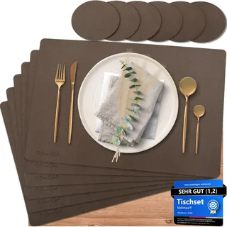 Mahewa® 6er Set Premium Tischset aus Kunstleder - Platzset abwaschbar und wasserdicht - Platzdeckchen Telleruntersetzer in Lederoptik (Kupfer/Holzkohle, Eckig)