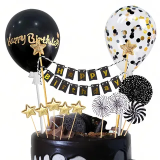 VYZUTR Tortendeko Schwarz Gold 12 Stück, Happy Birthday Kuchendeko, Kuchendeko Geburtstag Junge, Cake Topper Schwarz, Papierfächer Sterne Cupcake Tortenstecker für Geburtstag Dekoration Junge Mädchen