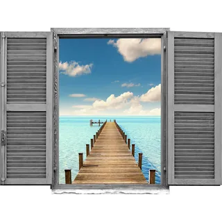 queence Wandtattoo »Steg im Meer«, (1 St.), Wandsticker, Wandbild, selbstklebend, 3D, Fenster, blau