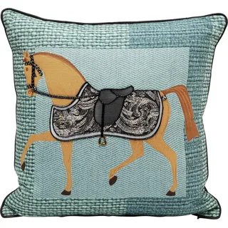 Kare Show Horse Plaid, Blau/Braun, 45x45 cm, Pferd-Motiv, Abnehmbarer Bezug mit Reißverschluss, Dekokissen inklusive Füllung