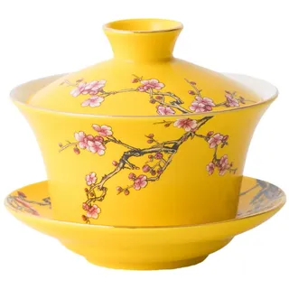 Eplze® Tech Große Gaiwan Teetasse und Untertasse aus Porzellan, Kung Fu mit Deckel, traditionelles chinesisches, Sancai Teeschale, geprägtes Pflaumen-Muster, Gelb