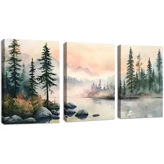 3 Pcs Seeufer Sonnenuntergang Landschaft Leinwandbilder mit Rahmen, Neblig Wald Berg Aquarell Wandbilder Rosa Schlafzimmer Bild Auf Leinwand Kunstdruck Deko für Wohnzimmer zum Aufhängen 40x60cmx3Pcs