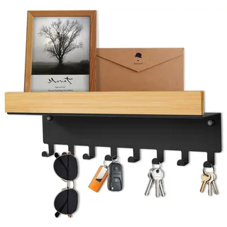 TINIFO Schlüsselbrett mit Ablage Holz Klein 8 Haken Schwarz | Wandmontage mit Schrauben, Schlüsselhalter mit Ablage, Metallrahmen & Holzplatte, für Flur Küche Eingangsbereich