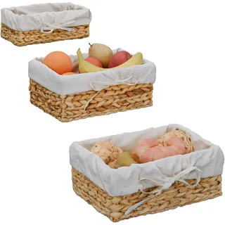 Relaxdays 3er Set, versch. Größen, geflochten, mit Baumwolleinsatz, Skandi-Look Frühstückskorb, natur/creme