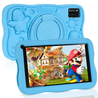 SUMTAB Kinder-Tablet 7 Zoll Android 13 Tablet mit GMS zertifiziert, 8 (3 + 5) GB RAM 64 GB ROM (TF-Karte 128 GB), WLAN, Kindersicherung, Lerntablet mit Kid-Proof-Schutzhülle, Blau