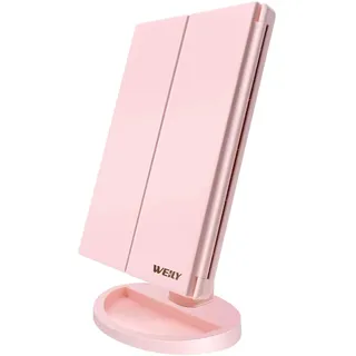 WEILY Schminkspiegel mit Beleuchtung, Faltbare Kosmetikspiegel mit 1X/2X/3X Vergrößerung, Schminkspiegel mit Touch Beleuchtung, Tischspiegel Unterstützung USB und Batterie (Rosa)