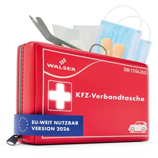 WALSER Erste Hilfe Set Auto 2026, Verbandskasten Auto Auszeichnung Sehr Gut*, KFZ Verbandskasten 2026 europaweit nutzbar Erste Hilfe Kasten, KFZ Verbandstasche, Erste-Hilfe-Set Verbandkasten DIN 13164