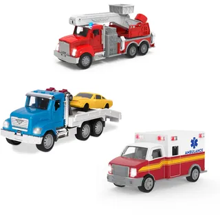 Driven by Battat – Mikro-Notfallflotte – Notfall-Spielzeugset für Kinder – Spielzeug-Feuerwehrfahrzeug mit Kran – Spielzeug-Abschleppwagen für Kinder – 3 Jahre +