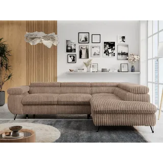 MKS Meble Ecksofa Sofa Braun, Wohnlandschaft L-Form mit Schlaffunktion und Bettkasten, Schlafsofa mit Bettkasten, Sofa mit Einstellbare Kopfstützen, Peter L - Braun Cord - Rechts Braun - Bronze