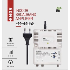 EMOS Breitband-Verstärker 25 dB (Frequenzbereich 47–230 MHz, 470–698 MHz) für DVB-T2, Kabelfernsehen oder Antennen, 1 Eingang, 2 Ausgänge, 10,5 x 13,5 x 4 cm