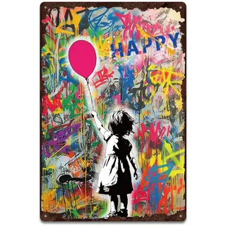 SUPERDANT Banksy Straßengraffiti Blechschild Ballonmädchen Blechschilder Poster Bunte Vintage Wandkunst Metallschild Metallschilder Wohnzimmer Schlafzimmer Man Cave Garage Bar Dekoration