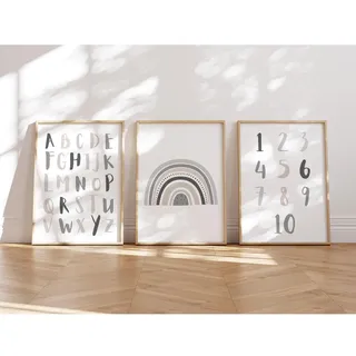 MeinBaby123® Bilder Kinderzimmer | 3er Set A4 Poster | Alphabet ABC Lernposter Zahlen Regenbogen | Deko Kinderzimmer Mädchen Jungen | Babyzimmer (ABC, Regenbogen, Zahlen - grau)