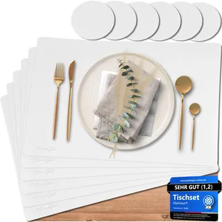 Mahewa® 6er Set Premium Tischset aus Kunstleder - Platzset abwaschbar und wasserdicht - Platzdeckchen Telleruntersetzer in Lederoptik (Weiß, Eckig)