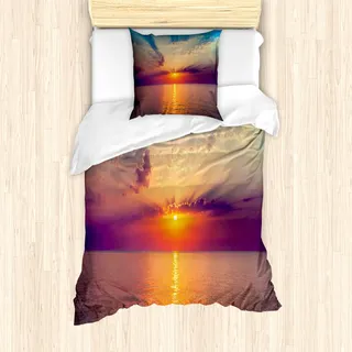 ABAKUHAUS Ozean Mantele, Morgendämmerung Meer Ruhige Ansicht, Milbensicher Allergiker geeignet mit Kissenbezügen, 135 cm x 200 cm - 80 x 80 cm, Orange Violett Blau - Orange