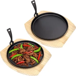2er Set Gusseisen Fajita Pfannen Set Gusseisen Pfanne mit Holzuntersetzer Anti Verbrüh Schutz Runde Antihaft Grillpfanne Sizzler Pfanne für Küche Restaurant Grill Innen Außen Picknick (29 x 28 cm)