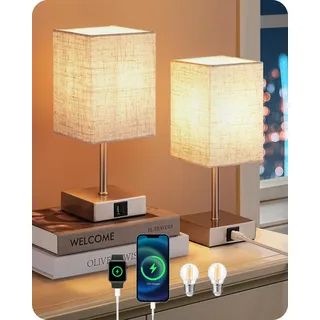 EDISHINE LED Nachttischlampe Touch Dimmbar 2er Set, Tischlampe Modern, Kleine Lampe, mit Ladefunktion, 2 USB Anschlüsse, für Schlafzimmer, Wohnzimmer, Fensterbank, Geschenk, Beige