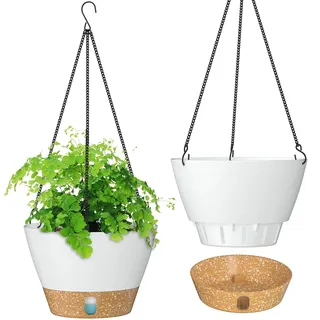 ZMTECH Hängetopf für Pflanzen, 25cm Blumentopf Ampel Hängend, Kunststoff Hänge Blumentopf mit Untersetzer für Außen Draußen Deko für Garten Balkon Wohnzimmer(2er-Set, Weiß)