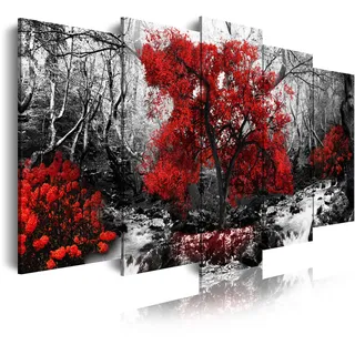 DekoArte 257 - Modernes Bild, digitalisierter Kunstdruck | Dekoratives Bild für den Salon oder das Schlafzimer | Stil Landschaft schwarz weiβ mit roten Bäumen Natur | 5 Teile 150x80 cm