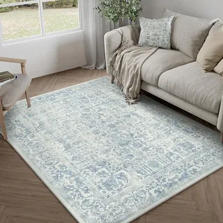 Vintage Blau Waschbarer Teppich Wohnzimmer 90x150cm Retro Rugs for Living Room Weich rutschfest Groß Tepich Kurzflor Schlafzimmer Carpet Living Room Bedroom Esszimmer Teppiche Büro