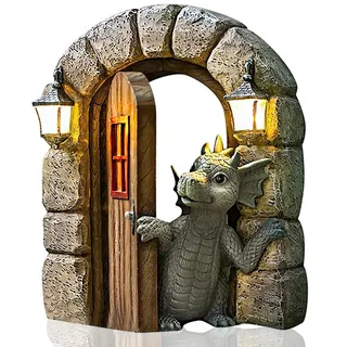 TQPXZO Gartendrachen Figuren Deko, Kunstharz Drachenskulptur Garten, Offene Tür Drache Figuren Deko, Gartenfiguren für Draußen, Drachen Figuren für Geschenk Mama