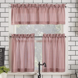 Parkham Farmhouse Plaid Semi-Sheer Gardinenstange Gardine Küchenvorhang Volant Nr.918 54" x 24" 3-Piece Set rot/weiß