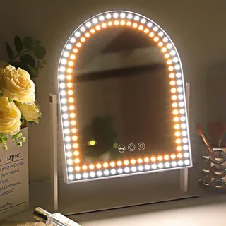 VANITII Gewölbter Schminkspiegel 25cm x 30 cm mit Beleuchtung 360° Drehbar Dimmbarer für Make-Up Kosmetikspiegel mit Licht 3 Lichtfarben Weiß - Weiß