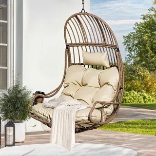 YITAHOME Rattan Hängesessel 150kg, mit Kissen & Getränkehalter, Beige