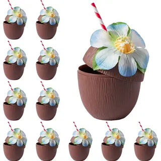 THE TWIDDLERS 12 Mehrweg Kunststoff Kokosnuss Cocktail Becher mit Blumen & Papierstrohhalmen - Tikibecher - Hawaii Party Deko, Pool Strandpartys, Tropische Hochzeiten, Geburtstage