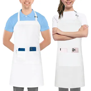 Utopia Kitchen 2 Pack verstellbare Latzschürze für Männer und Frauen mit 2 geräumigen Taschen - Schürzen für Köche BBQ Malerei Backen Kochen - Weiß