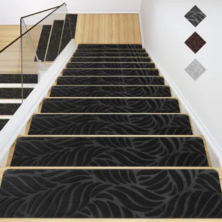 GOYLSER Treppenmatten für Holztreppen-Anti-Rutsch-Treppen-Teppich-Tritte,Filz selbstklebend Stufenmatten innen 15 Stück 76x20cm Schwarze Bananenblatt