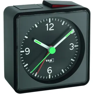 TFA Dostmann Wecker analog Push, 60.1013.01, ohne Ticken mit Licht, lauter Alarm mit Schlummerfunktion, mit Hintergrundbeleuchtung, Reisewecker, batteriebetrieben, klein, Nachttischwecker, schwarz
