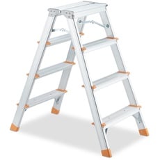 Bild von Trittleiter, Aluminium, klappbar, 4 Stufen, Leiter bis 150 kg, beidseitig begehbar, Stehleiter, Silber/orange