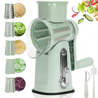 CHDEXU Drehbare Käsereibe mit Kurbel, Manuelle Reibe für Gemüse mit 5 Trommelblättern, Gemüseschneider für Käse, Gurken, Nüsse usw, Trommelreibe Schnelleres, gemüsehobel drehbar für Küche, Grün