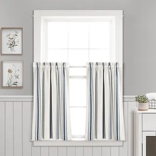 Lush Decor Farmhouse Fenstervorhang, gestreift, garngefärbt, recycelte Baumwolle, Küchenstufen, 91,4 x 73,7 cm, Marineblau, klassisch, modern, rustikaler Charme, umweltfreundlicher Baumwollstoff, 1