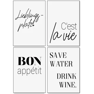 Typo Poster-Set I dv_322 I DIN A4 I 4 Print Plakate mit Sprüchen: Lieblingsplatz cest la vie Bon appetit Save Water I Statement modern schwarz weiß