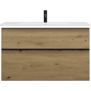 burgbad Eqio Slim Keramik-Waschtisch inklusive Waschtischunterschrank mit LED-Beleuchtung, 1020x490x640mm, SHBU102F5662C0001G0252, Farbe: Eiche Dekor Urban / Eiche Dekor Urban, Griffleiste Schwarz