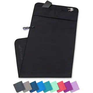 Fit-Flip Fitness Handtuch aus Mikrofaser - mit Magnet und Reißverschluss Tasche - Fitnesshandtuch für Sport und Gym - Kompakt & Schnelltrocknend - Sporthandtuch Fitnessstudio - Schwarz - 130x48cm