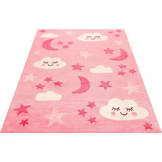 SMART KIDS Kinderteppich "LaLeLu" rechteckig 9 mm Höhe Mond Sterne Wolken, Konturenschnitt, rosa