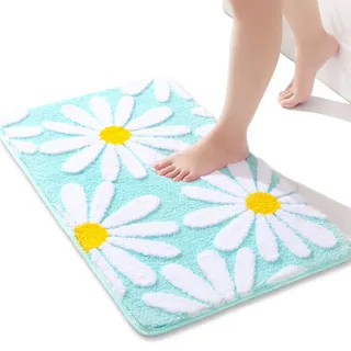 QJHOMO Grün Badezimmerteppich Niedliche Gänseblümchen Badematte rutschfest Waschbar Badteppich Weiße und Gelbe Blume Badvorleger Weiche Duschvorleger Absorbierende Badezimmer Teppich 40x60 cm