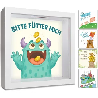 GLÜCKSWOLKE - Spardose Kinder, Monster Motiv, Geldgeschenke Verpackung für Geburtstag, Sparschwein groß, 3D Bilderrahmen, Sparkasse, Sparbüchse, Geld Geschenk für Junge & Mädchen