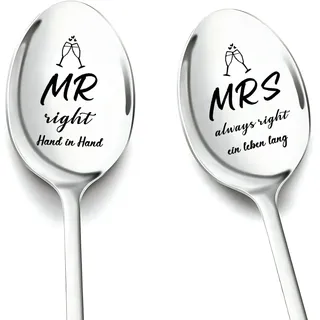 Hochzeitsgeschenke für Brautpaar, 2 Stücke Kaffeelöffel mit Gravur Mr. Right & Mrs. Always Right, Hochzeitstag Geschenke für Frauen Jahrestag Geschenke für Paare Partner Kleine Verlobungsgeschenk