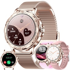 Smartwatch Damen mit Telefonfunktion, 1,2 Fitnessuhr Diamond Uhren Fitness Tracker 123 Sportmodi Aktivitätstracker 5ATM Wasserdicht mit Schlafmonitor Schrittzähler, Armbanduhr für IOS Android (Gold)