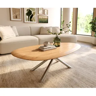 DELIFE Couchtisch Edge Oval 140x75 cm Eiche Natur Runde Kante Sarity Edelstahl gebürstet - Hellbraun, Braun