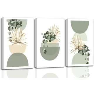3 Stück neutrale abstrakte Boho-Leinwandkunst, Beige, Salbeigrün, Mitte des Jahrhunderts, moderne Pflanzen, Bohemien-Bilder, Wanddekoration, Poster, Drucke für Schlafzimmer, Wohnzimmer, Badezimmer