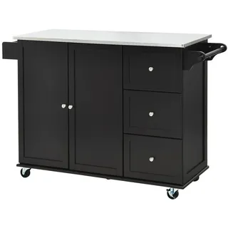 Costway Küchenwagen mit Arbeitsplatte aus Edelstahl, Kücheninsel mit 3 Schubladen & Verstellbarer Ablage & Handtuchhalter, Mobiler Servierwagen, Küchenschrank auf Rollen, Kücheninselwagen (Schwarz) - Schwarz