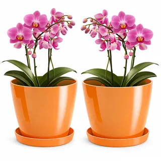 PECZEKO Blumentopf glänzender, Pflanzkübel aus Übertopf Kunststoff Dekorativer Topf für, groß und klein Pflanzen, 2er-Set blumenkübel mit Untersetzer, blumenkübel kräutertopf, Orange, ø 28 cm