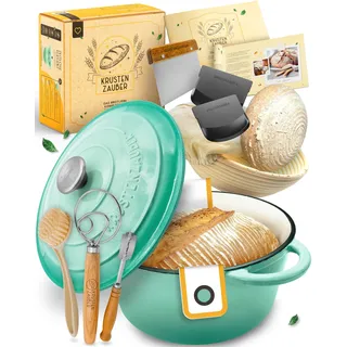 Gusseisen Topf Brot Backen emailliert im XXL Set - Brotbackform mit Deckel inkl Gärkorb, Schneebesen, Bäckermesser, Teigschaber, Brotschlinge etc. Perfektes Brotbacktopf Set für Anfänger